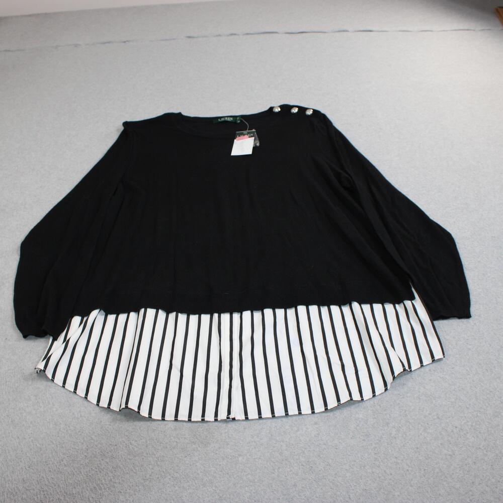 Lauren Ralph Sweater Tunic Women 3X Black Striped Shirt Hem Lagenlook Academia
